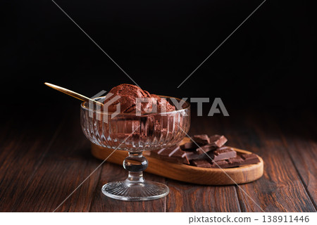 Chocolate Ice Cream with Dark Chocolate on Dark Wooden Background 138911446