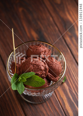 Chocolate Ice Cream with Mint Leaves on Dark Wooden Background Chocolate Ice Cream with Mint Leaves on Dark Wooden Background 138911448