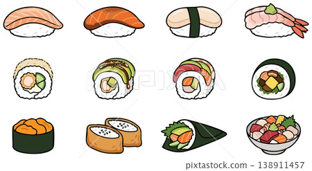 Sushi set icons: nigiri, maki rolls, gunkan, inari and chirashi bowl. Vector illustration. 138911457