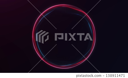 Red blue neon ring on dark background with glowing circular contour, futuristic technology frame and abstract energy aura. 138911471