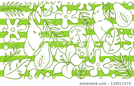 Tropical Birds and Leaves Outline Illustration with Green Stripes Background Tropical Birds and Leaves Outline Illustration with Green Stripes Background 138911478