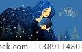 Unique Mothers Day card featuring silhouettes of mother and child made from sparkling dots on dark background. 138911480