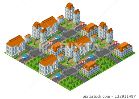 Isometric city center with people walking and driving cars 138911497