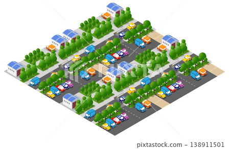 Isometric city with cars parked and driving on streets Isometric city with cars parked and driving on streets 138911501