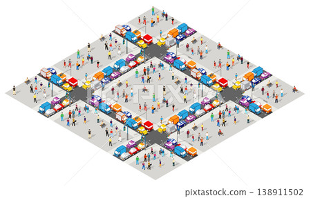 Busy crossroad with people and cars in isometric projection 138911502