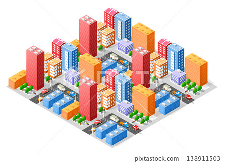Isometric city with colorful buildings showing urban life Isometric city with colorful buildings showing urban life 138911503