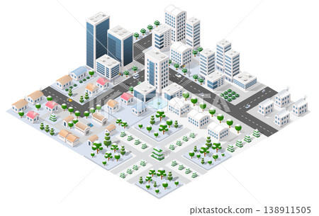 Modern isometric city covered in snow during winter Modern isometric city covered in snow during winter 138911505