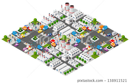 Isometric city with factories and people walking and driving cars Isometric city with factories and people walking and driving cars 138911521