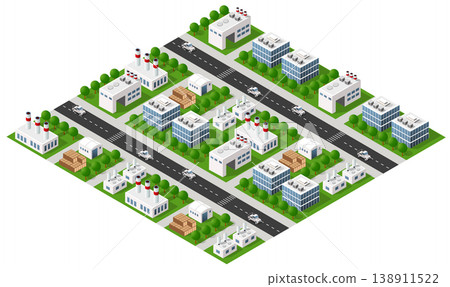 Isometric city with factories producing goods and cars driving on the road 138911522