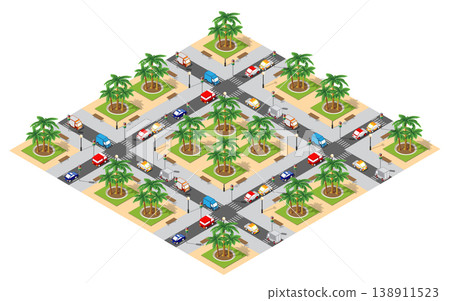 City traffic flowing through intersection with palm trees on sunny day City traffic flowing through intersection with palm trees on sunny day 138911523