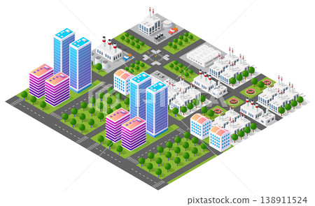 Modern isometric city with factories and skyscrapers surrounded by green trees Modern isometric city with factories and skyscrapers surrounded by green trees 138911524
