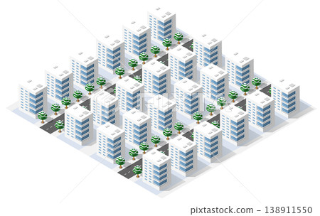 Modern isometric city center with skyscrapers, roads and trees covered in snow during winter 138911550