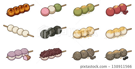 Dango set icons: mitarashi, hanami, anko, and kinako. Japanese rice dumpling vector illustration. 138911566