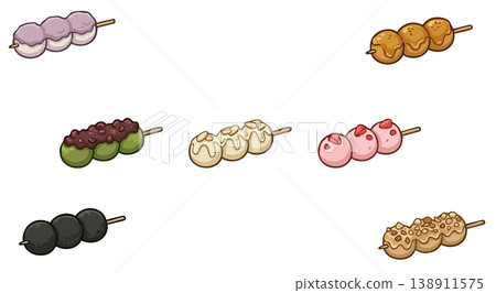 Assorted dango skewers set with various toppings. Japanese rice dumplings vector illustration. Assorted dango skewers set with various toppings. Japanese rice dumplings vector illustration. 138911575