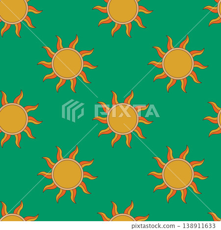 Retro groovy sun seamless pattern on green background vector illustration. Retro groovy sun seamless pattern on green background vector illustration. 138911633