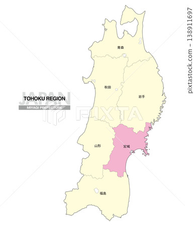 【日本地圖】東北地區宮城縣位置圖，包括縣名。 138911697