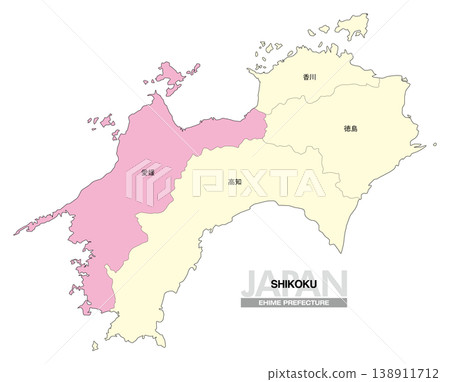 【日本地圖】四國愛媛郡位置圖,包括縣名。 【日本地圖】四國愛媛郡位置圖,包括縣名。 138911712