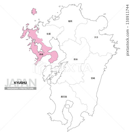 【日本地圖】九州長崎縣位置圖,包括縣名。 【日本地圖】九州長崎縣位置圖,包括縣名。 138911744