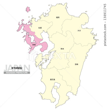 [Map of Japan] Location map of Nagasaki Prefecture in Kyushu, including the prefecture name. 138911745