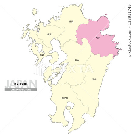 [Map of Japan] Location map of Oita Prefecture in Kyushu, including the prefecture name. 138911749