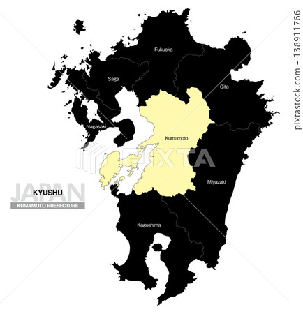 [Map of Japan] Map showing the location of Kumamoto Prefecture in Kyushu (English) 138911766