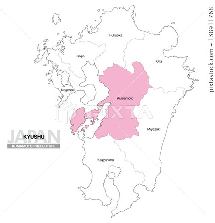 [Map of Japan] Map showing the location of Kumamoto Prefecture in Kyushu (English) 138911768