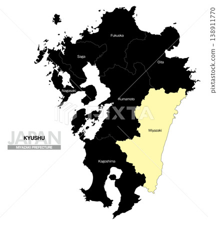 [Map of Japan] Map showing the location of Miyazaki Prefecture in Kyushu (English) 138911770