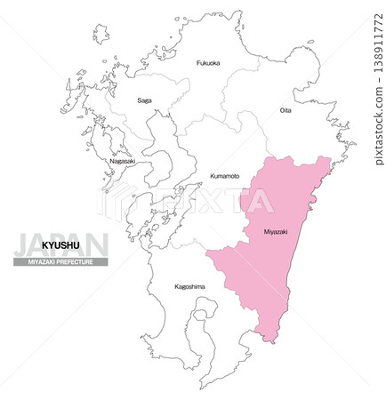 [日本地圖] 顯示九州宮崎縣位置的地圖（英文） 138911772
