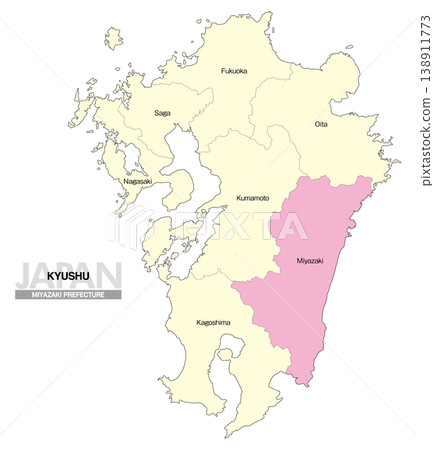 [Map of Japan] Map showing the location of Miyazaki Prefecture in Kyushu (English) 138911773