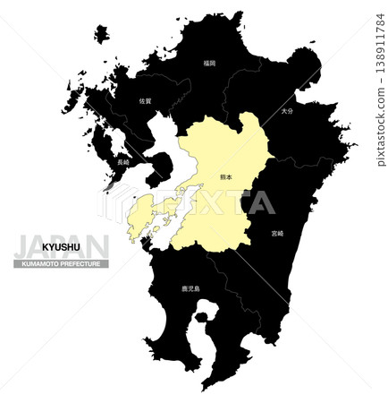 [Map of Japan] Location map of Kumamoto Prefecture in Kyushu, including the prefecture name. 138911784