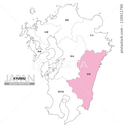 【日本地圖】九州宮崎縣位置圖,包括縣名。 【日本地圖】九州宮崎縣位置圖,包括縣名。 138911790