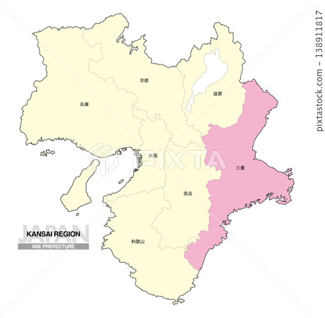 [Map of Japan] Location map of Mie Prefecture in the Kansai region, including the prefecture name. 138911817