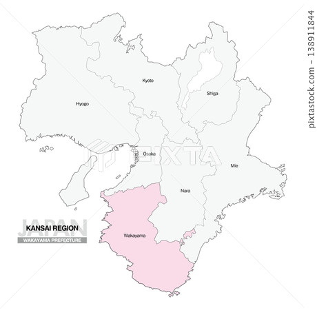 [Map of Japan] Location map of Wakayama Prefecture in the Kansai region (with prefecture name) (English) 138911844