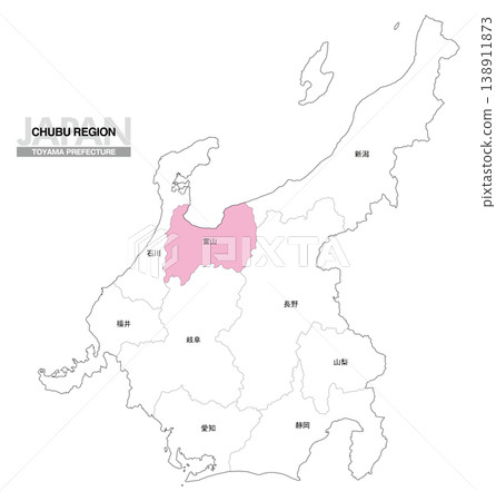 【日本地圖】中部地區富山縣位置圖,包括縣名。 【日本地圖】中部地區富山縣位置圖,包括縣名。 138911873