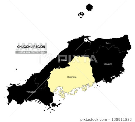 【日本地圖】顯示廣島縣在中國地區位置的地圖(英文) 【日本地圖】顯示廣島縣在中國地區位置的地圖(英文) 138911883