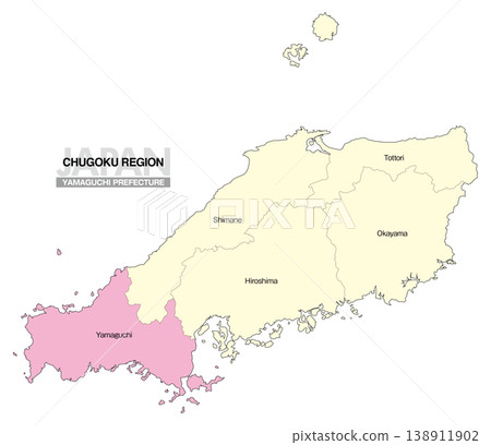 [Map of Japan] Location map of Yamaguchi Prefecture in the Chugoku region, including the prefecture name (English) 138911902
