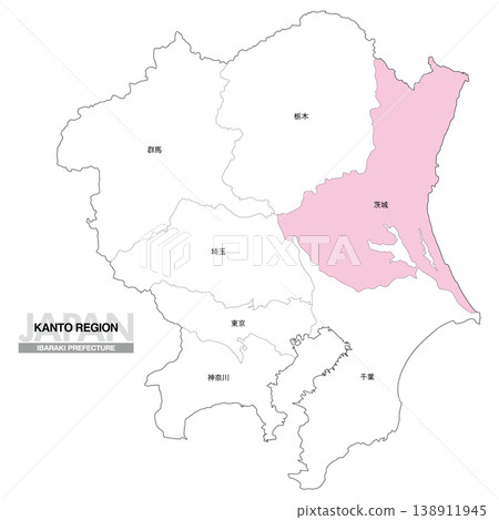 [Map of Japan] Location map of Ibaraki Prefecture in the Kanto region, including the names of other prefectures. 138911945