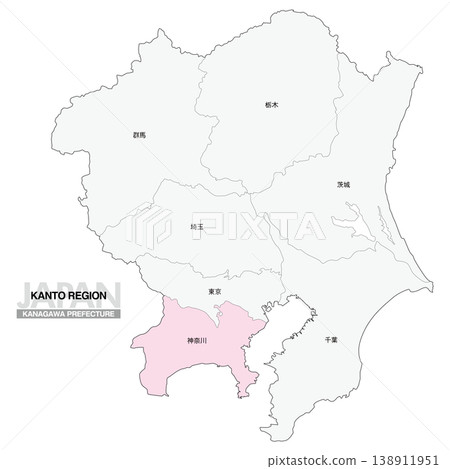 【日本地圖】關東地區神奈川縣位置圖,包括縣名。 【日本地圖】關東地區神奈川縣位置圖,包括縣名。 138911951