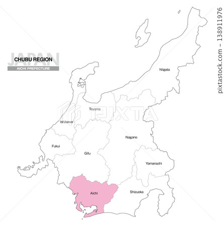 [Map of Japan] Location map of Aichi Prefecture in the Chubu region (English) 138911976
