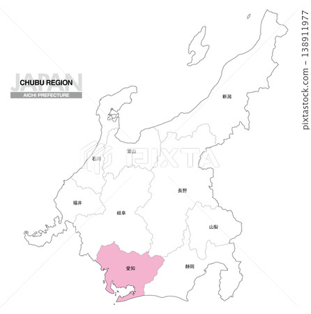 【日本地圖】中部地區愛知縣的位置圖,包括縣名。 【日本地圖】中部地區愛知縣的位置圖,包括縣名。 138911977