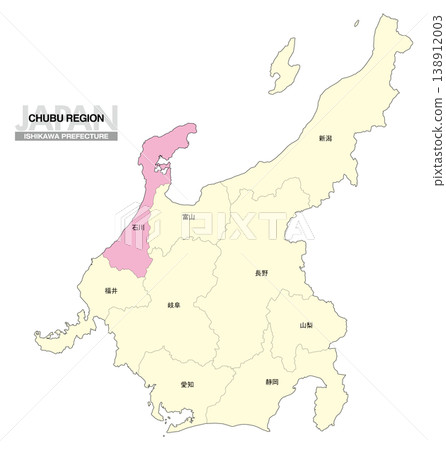 【日本地圖】中部地區石川縣位置圖,包括縣名。 【日本地圖】中部地區石川縣位置圖,包括縣名。 138912003
