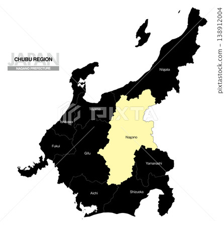 [Map of Japan] Location map of Nagano Prefecture in the Chubu region (English) 138912004