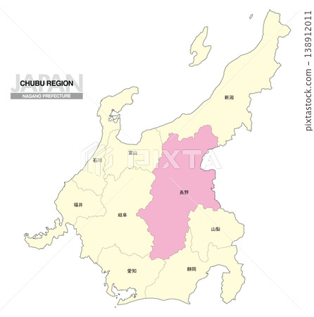 【日本地圖】中部地區長野縣位置圖,包括縣名。 【日本地圖】中部地區長野縣位置圖,包括縣名。 138912011