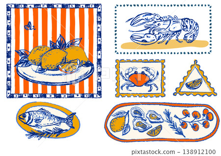 Italian summer postcard design with lemon pattern, vintage postage stamp frame, and Mediterranean seafood illustrations in watercolor crayon style 138912100