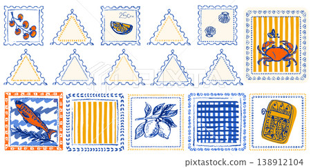 Italian summer postcard design with lemon pattern, vintage postage stamp frame, and Mediterranean seafood illustrations in watercolor crayon style 138912104
