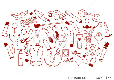 Big vector set of adult sex toys and BDSM accessories, linear red icons in doodle and sketch style. Hand-drawn illustrations for intimate branding Big vector set of adult sex toys and BDSM accessories, linear red icons in doodle and sketch style. Hand-drawn illustrations for intimate branding 138912167