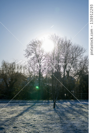 Winter holiday background. Trees in the park against sun and blue sky. First snow Winter holiday background. Trees in the park against sun and blue sky. First snow 138912293