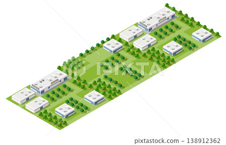 Modern building surrounded by trees on green grass in isometric view 138912362