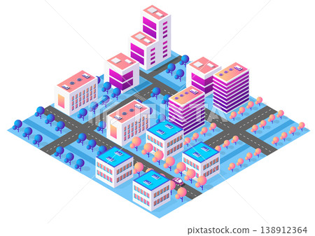Modern isometric smart city with skyscrapers, roads, cars and trees Modern isometric smart city with skyscrapers, roads, cars and trees 138912364