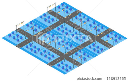 Isometric city map with many roads, trees and street lights Isometric city map with many roads, trees and street lights 138912365